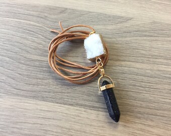 White rectangular Druzy necklace and blue aventurine with leather or chain (various colors to choose)