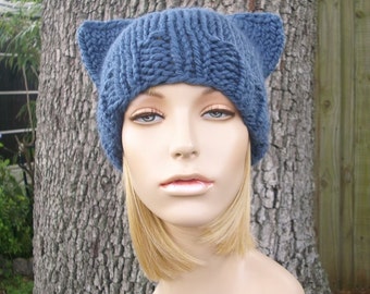 Denim Blue Cat Hat Knit Hat Womens Hat - Cat Beanie Blue Hat Blue Beanie Chunky Knit Womens Accessories Winter Hat