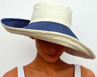 Wide brimmed summer hat, sun hat, reversible hat, foldable sunhat, travel hat, cream hat, navy blue polka, cotton hat, boho hat