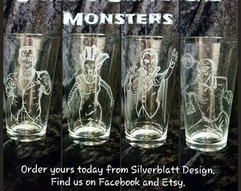 Universal 4 Classic Horror Monster Glassware Set Wolfman Dracula Frankenstein's Monster Bride of Frankenstein Special Unique Monster Design