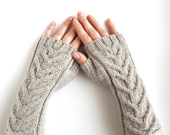Grey fingerless gloves, cable knit merino mitts, hand knit arm warmers,knitted hand warmers, winter gloves, women's mittens