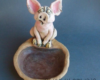 Pink Pig at a Mud Hole Ceramic Animal Sculpture Dish