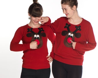 Squeaky Nose Rudolph Ladies Christmas Sweater - Brown Rudolph