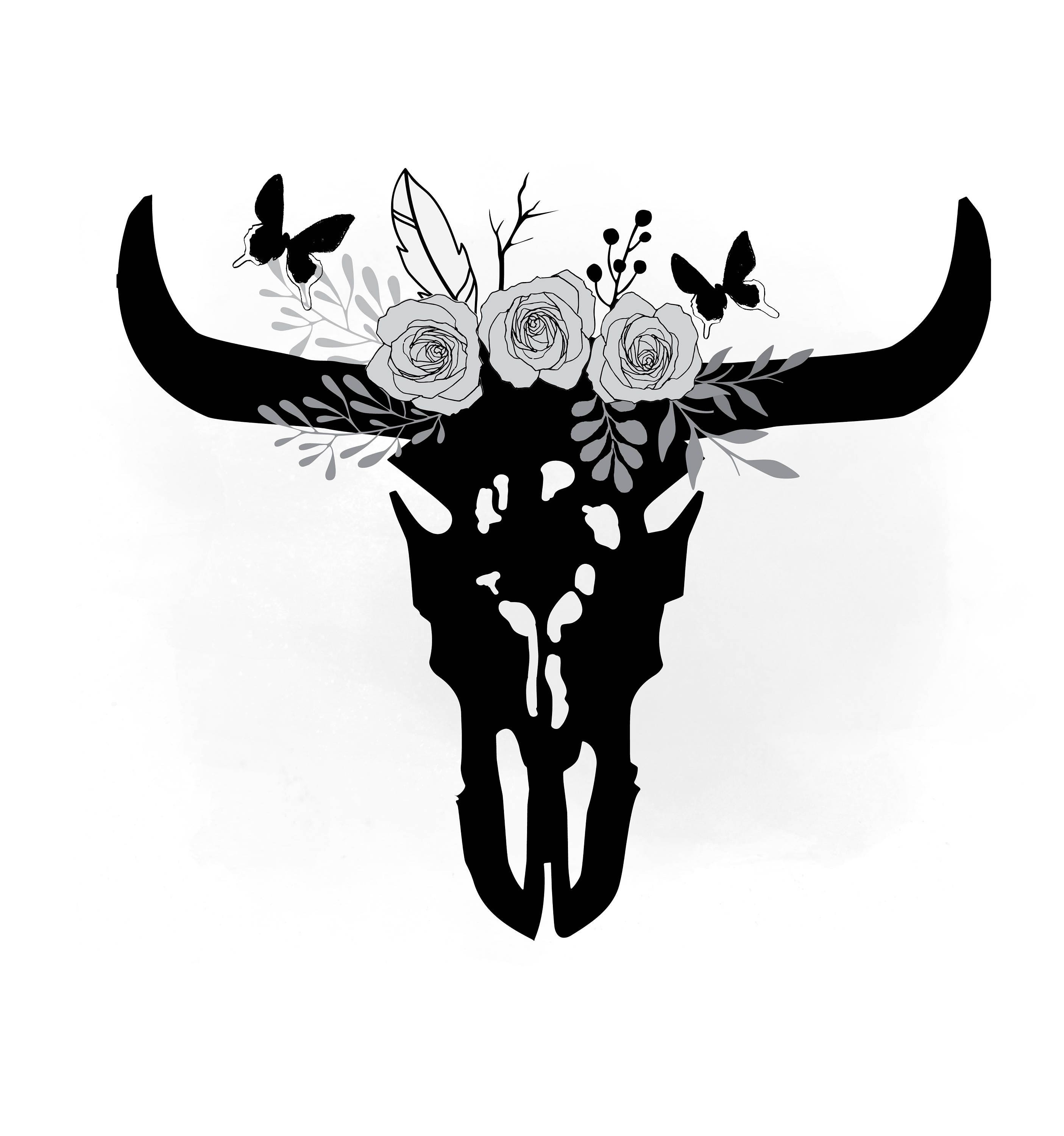 Monochrom cow skull svg clipart Boho floral cow Skull