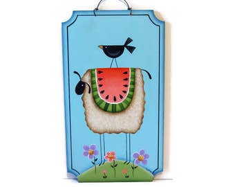 Prim Sheep, Watermelon, Crow, Handpainted Wood Sign, Hand Painted Primitive Home Decor, Wall Art, Tole Decorative Painting, B6