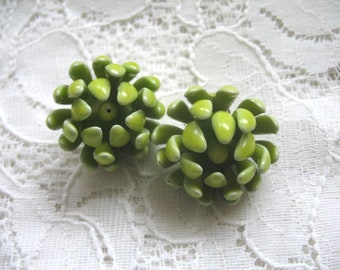 Vintage Enamel Flower Earrings ~ Chartreuse Green ~ Clip On