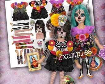 Sugar Skull Dolls, Printable Art Dolls, Paper Doll, Digital Collage Sheet, Decoupage Paper, Art Journaling, Junk Journals, Printable Sheet