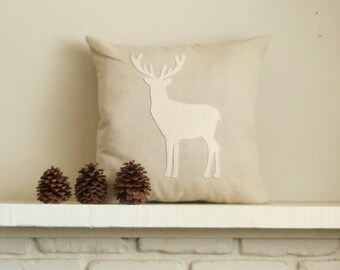 Deer Pillow Cover, Holiday Decor, Woodland Decor, Reindeer, Custom Linen Cover, Stag Silhouette, Lodge Christmas Decor, Cabin decor, Antlers