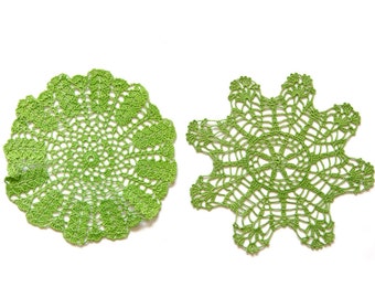 2 Bright green hand dyed Crochet Doilies Vintage doilies