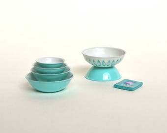 Turquoise Pyrex Mixing Bowls Set - Dollhouse Miniature Kitchen Set of 4 Nesting Bowls