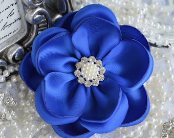Royal Blue Satin Ribbon Flowers, 3" Satin Fabric Flowers, Royal Blue Satin Flower, Ribbon Flowers, Pearl Crystal Flowers, 37 Colors