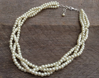 Ivory Multi Strand Necklace, Pearl Bridal Necklace, Braided Pearl Wedding Necklace on Silver or Gold Chain
