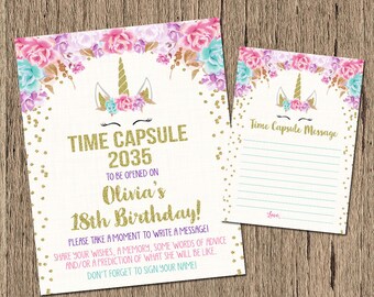 Unicorn time capsule sign, time capsule message first birthday, printable 1st birthday pink and gold time capsule, magical unicorn birthday