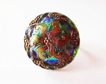 Flower ring. Czech glass ring. Iridescent ring. Rainbow ring. Adjustable ring. Czech glass button ring.