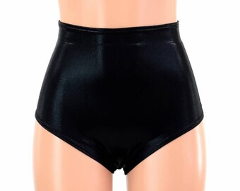High Waist "Siren" Hot Pants in Black Mystique Metallic Spandex Rave Festival Clubwear Sparkly Shiny - 154690
