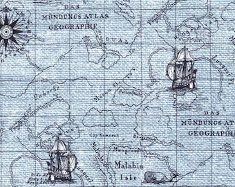 Fat Quarter On Course Indigo Cove Map Sailor Sea 100% Cotton Quilting Fabric