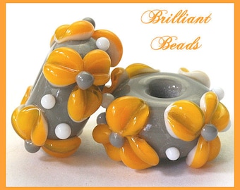 Grey & Saffron Yellow Floral Glass Bead Pair...Handmade Lampwork Beads SRA, Made To Order