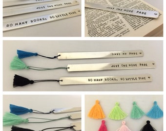 Personalised book mark, stamped Aluminium, customised bookmark, readers gift, book lover, coloured tassel, page marker, Christmas present