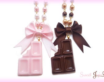 Bitten Chocolate Bar Necklace - 2 colors - Cute Kawaii Sweet Lolita Fashion Jewelry - Gold tone Pearl Beaded Chain