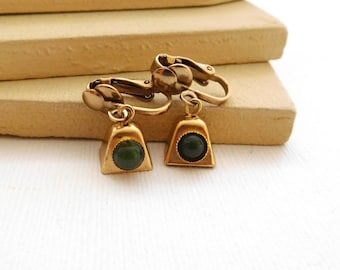 Vintage Gold Jingle Bell Jade Green Cabochon Clip On Dangle Earrings YY24