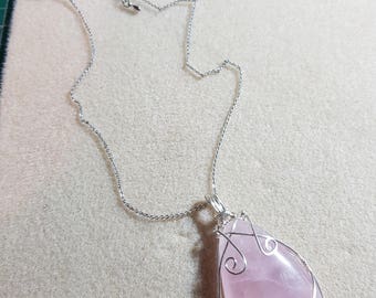Silver plated wire wrapped rose quartz tear drop stone with silver chain