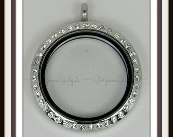 30mm Floating Locket / Glass Locket / Memory Locket Pendant Stainless Steel With Crystals