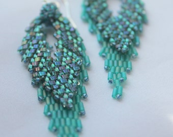 Hand Beaded Teal Russian Leaf earrings with sterling silver Findings