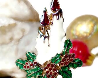 Christmas Candle Pin, Holly Brooch, Holiday Brooch, Christmas Pin, Holiday Pin, Christmas Jewelry, Winter Jewelry, Holiday Jewelry, Vintage
