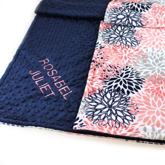 Baby Blanket Girl, Navy Coral Minky Personalized Baby Blanket, Flowers Nursery Decor, Floral Name Baby Blanket, Coral Baby Blanket, Floral