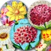 French Seed Packets digital collage sheet Daisy Dahlia Zinnia Chrysanthemum Flowers on Text in 2.5-inch circles -- piddix 865