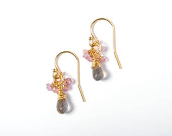 Cluster Earrings, Gold Cluster Earrings, Gemstone Earrings, Gemstone Cluster Earrings, Pink Sapphire Earrings, Labradorite Earrings, Pink