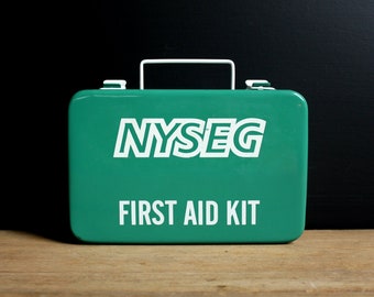 Vintage First Aid Kit - First Aid Box - Metal Storage Box - NYSEG - Medical Supplies - Wall Mount - Green - White - Industrial