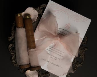Petal Gossamer Gauze Hand Dyed Silk Ribbon perfect for invitations, bridal bouquets, wedding decor, gift wrapping and home decor.