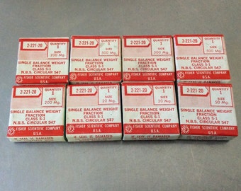 8 Single Balance weight fractions, 500 mg. - 200 mg. - 50 mg. - 20 mg., missing weight parts, new sealed in box, fisher scientific