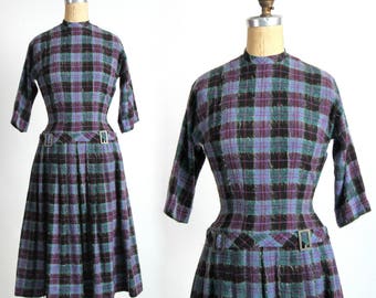 Purple Plaid WOOL Dress . Drop Waist