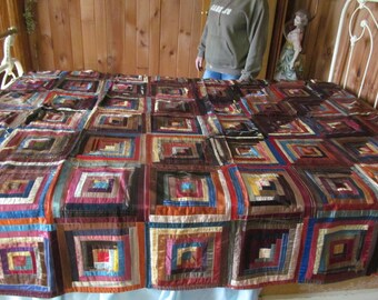 Antique Silk Log Cabin Quilt Antique Victorian Quilts Romantic Bedroom Decor Primitive Quilts 19th Century textiles Farmhouse Bedroom Decor