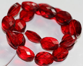 6 pcs of Red glass faceted puffed oval beads 12x16mm