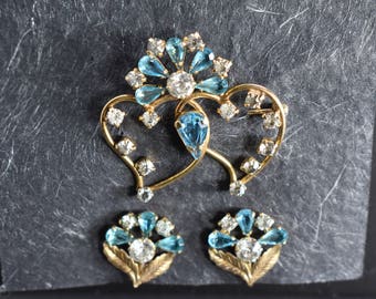 Brooch and Earring Set B&N 12K Gold Filled with Two Interlocked Hearts and Blue and Clear Rhinestone Accents Vintage