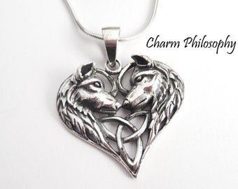 Wolf Necklace - 925 Sterling Silver Jewelry - Two Dogs / Wolves Heart Pendant