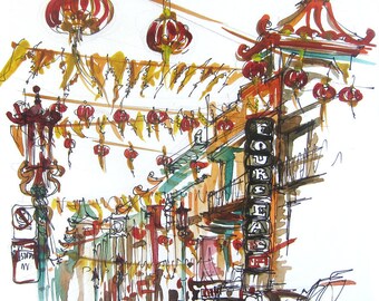 San Francisco Chinatown, california watercolor sketch, fine art print from an original watercolor