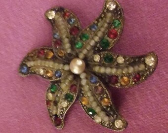 Vintage Silver-Tone Multi-Colored Rhinestone and Pearl Starfish Pin