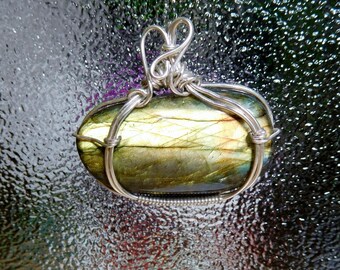 Large Labradorite cabochon Sterling silver wire wrapped pendant 35mm