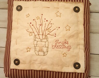 Primitive Stitchery Pillow ‘Simple Blessings’ Mothers Day Gift Primitive Decor Rustic Shabby Farmhouse Hand Embroidered Ready to Ship