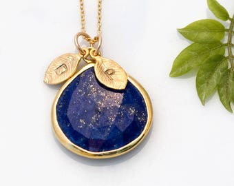 Lapis Lazuli Necklace, Custom Stamped Initial, Personalized Gift, September Birthstone Gift, Boho Jewelry, New Mom Present, Keepsake Jewelry