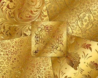 Gold Ornate Metal Papers | Shiny Metallic Damask Scrolly Swirls Florals | Instant Download