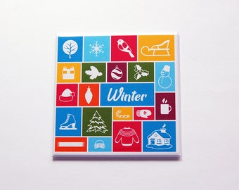 Winter Magnet, Mosaic magnet, Kitchen Magnet, Fridge magnet, Stocking stuffer, Bright Colors, Winter season, skates, snowflake (7206)