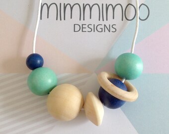 Navy & Mint Green Wood Bead Necklace
