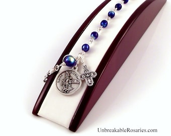 St Michael Police Badge Rosary Bracelet AB Cobalt Blue Czech Glass by Unbreakable Rosaries