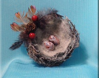Decorative White Flocked Bird Nest with Yellow Hammer Finch Eggs - 3 inches