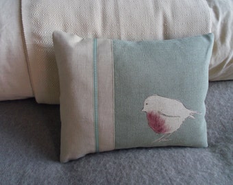 hand printed réversible eau de nil robin cushion